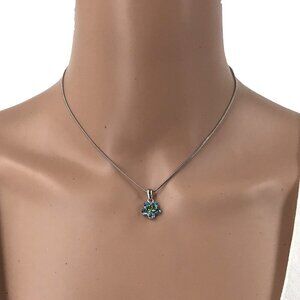 Cookie Lee Necklace Blue Green Crystal Flower Pendant Silver Tone Chain Adjustab
